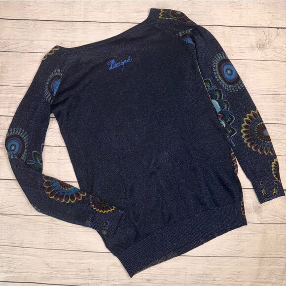 Desigual NWT Women's Lucke Knit Pullover Top Blue Floral Sparkle Size Small - Picture 9 of 10